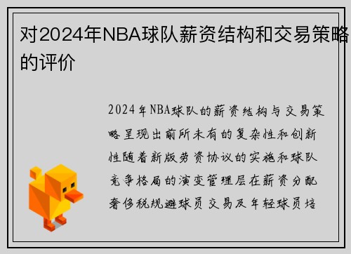 对2024年NBA球队薪资结构和交易策略的评价