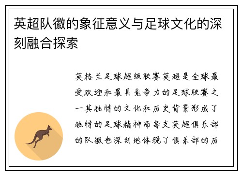 英超队徽的象征意义与足球文化的深刻融合探索