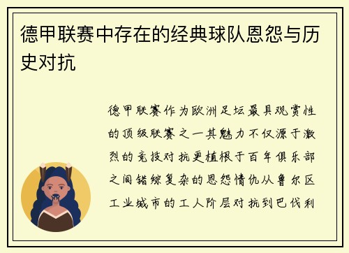 德甲联赛中存在的经典球队恩怨与历史对抗